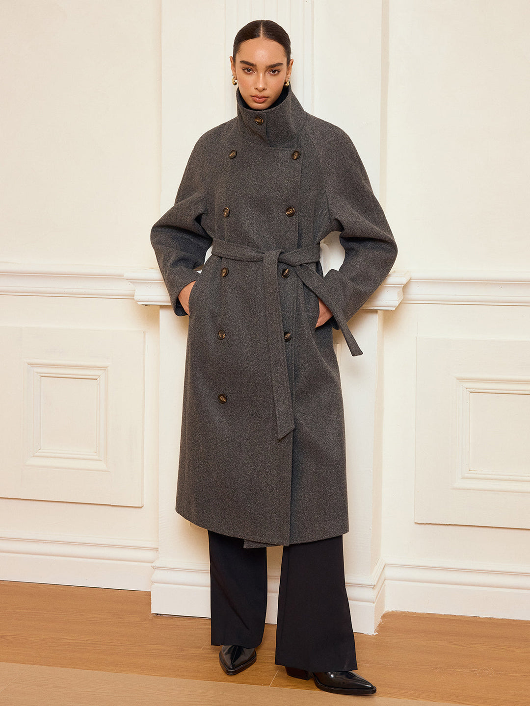 Dee Belted Double-Breasted Tweed Long Coat