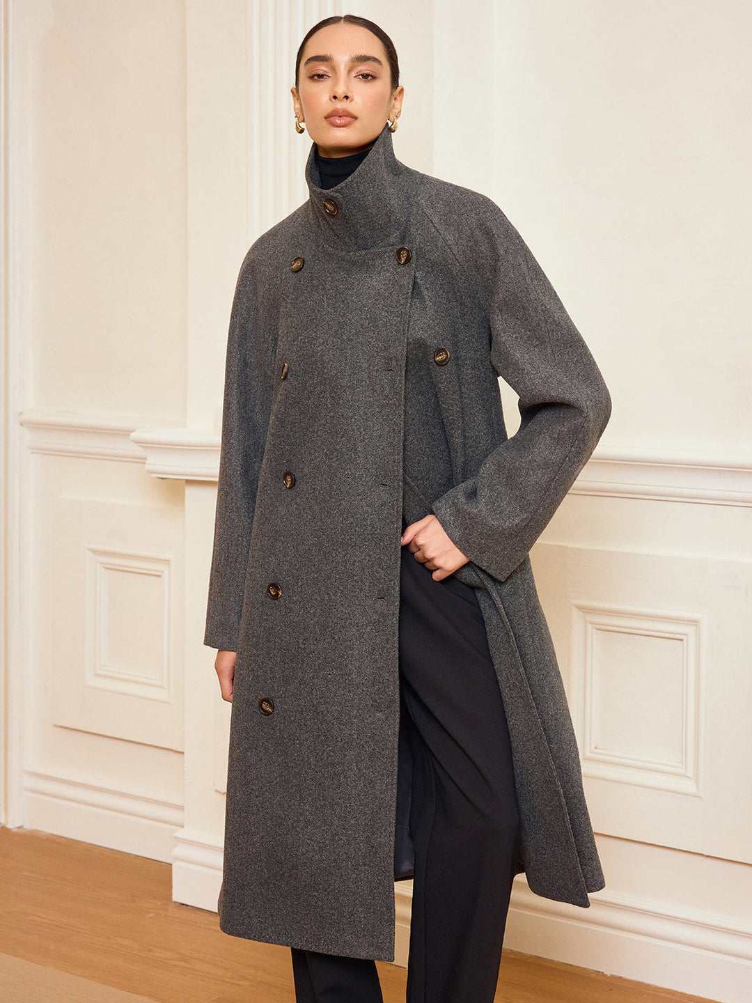 Dee Belted Double-Breasted Tweed Long Coat