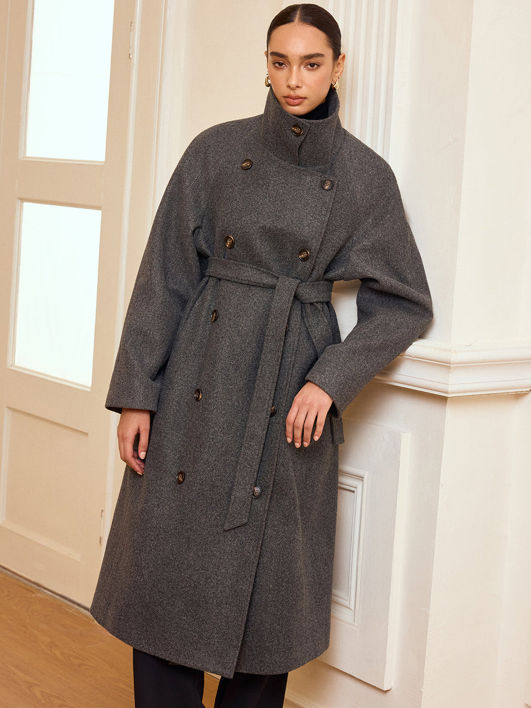 Dee Belted Double-Breasted Tweed Long Coat