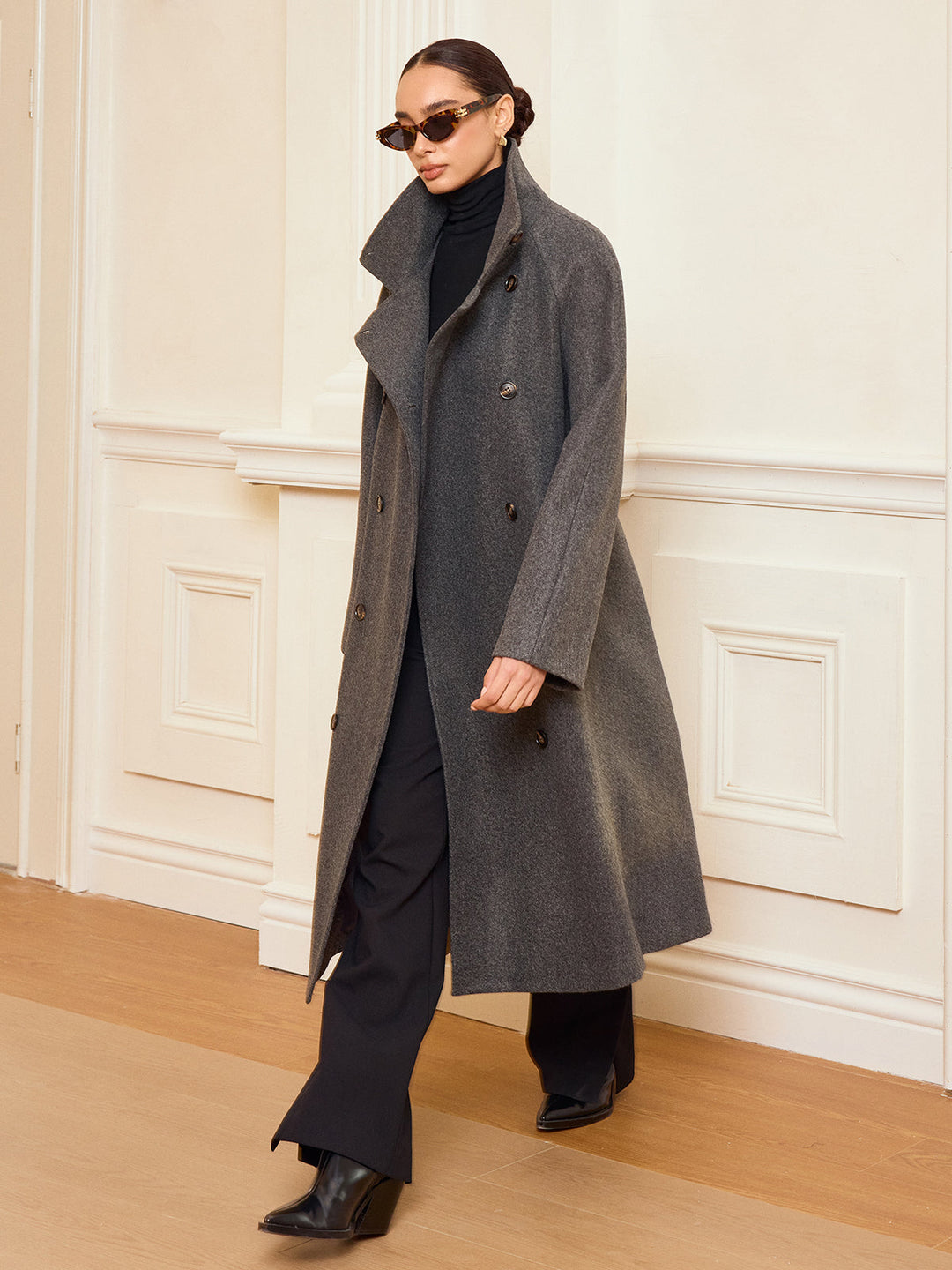 Dee Belted Double-Breasted Tweed Long Coat