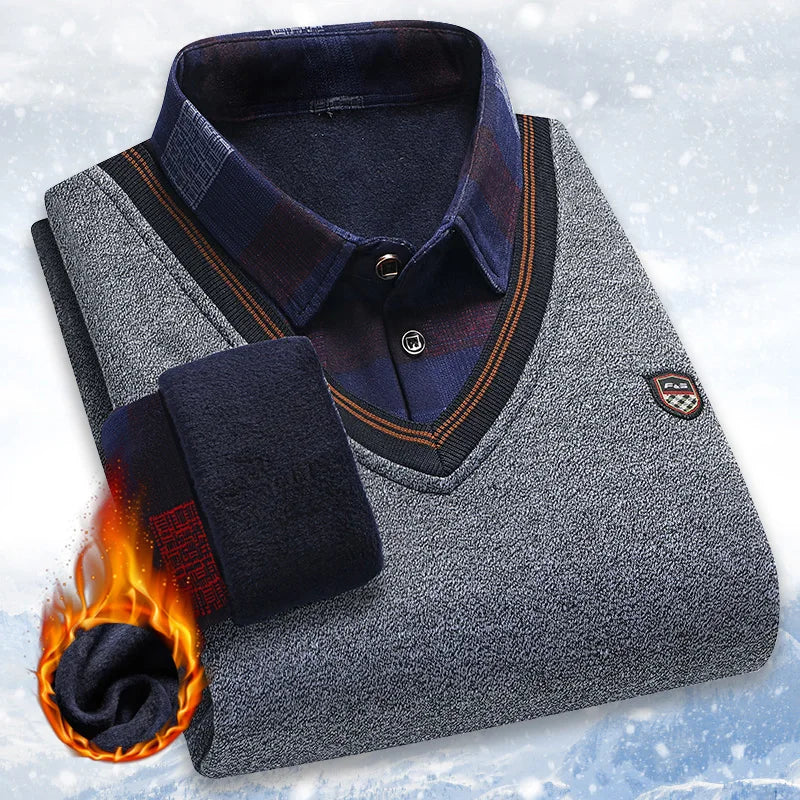 Men’s Fleece-Lined Winter Sweater (Shirt-Collar Style)