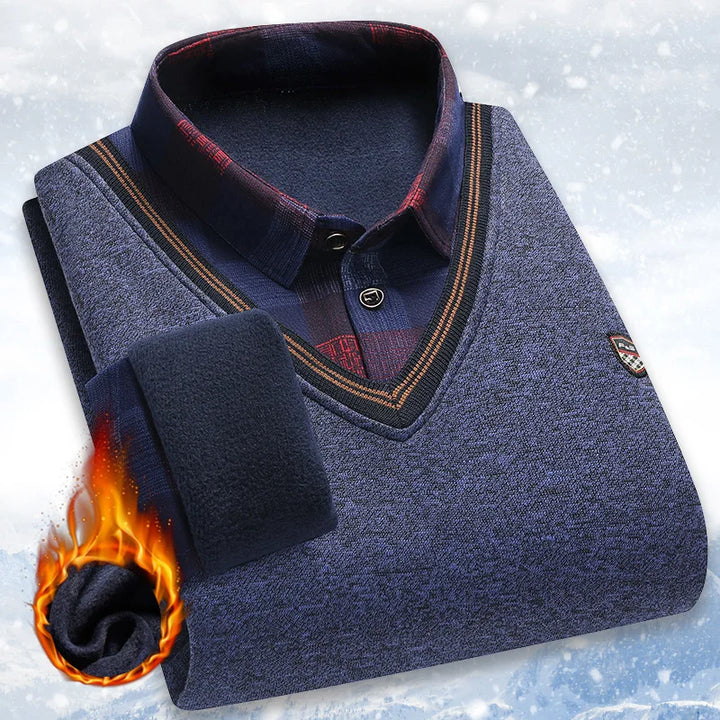 Men’s Fleece-Lined Winter Sweater (Shirt-Collar Style)