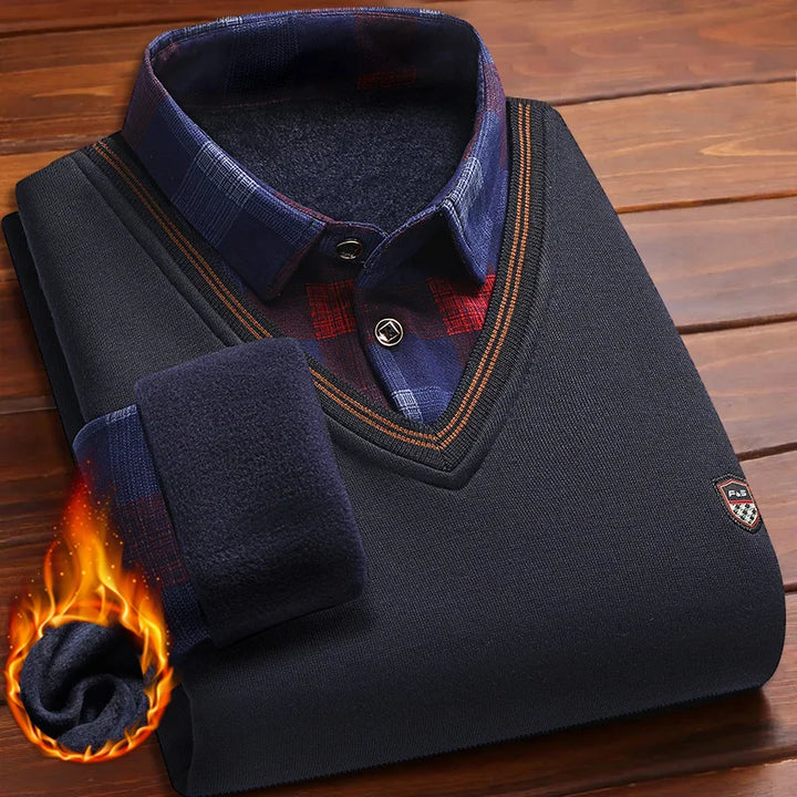 Men’s Fleece-Lined Winter Sweater (Shirt-Collar Style)