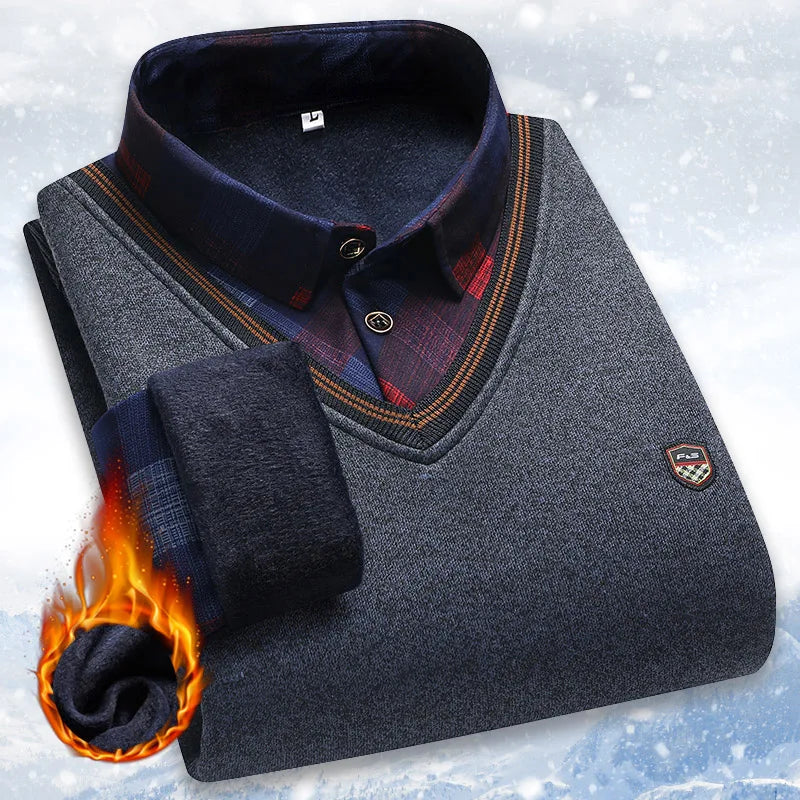 Men’s Fleece-Lined Winter Sweater (Shirt-Collar Style)