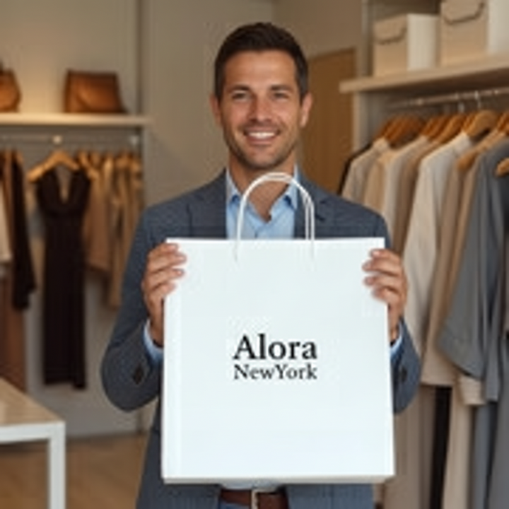 man holding a bag written alora new york